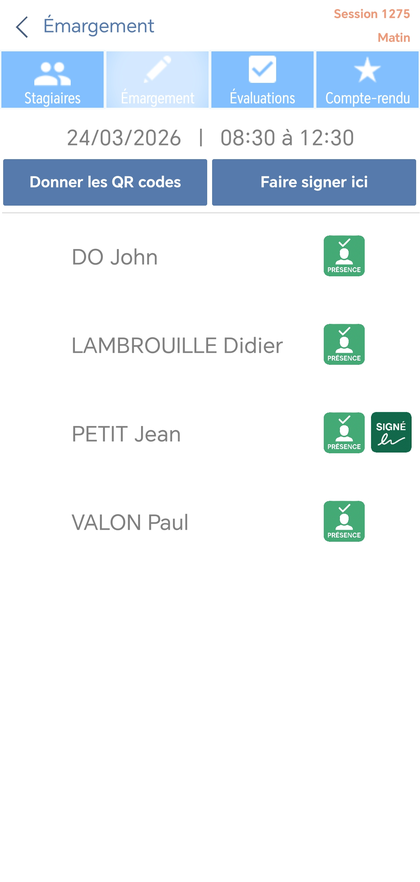 Liste stagiaires application formateur logiciel gestion formation CACES SST organisme terrain