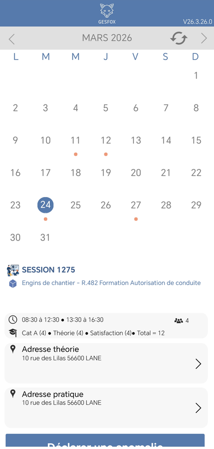Planning agenda mensuel formateur logiciel formation CACES R482 sans abonnement organisme terrain